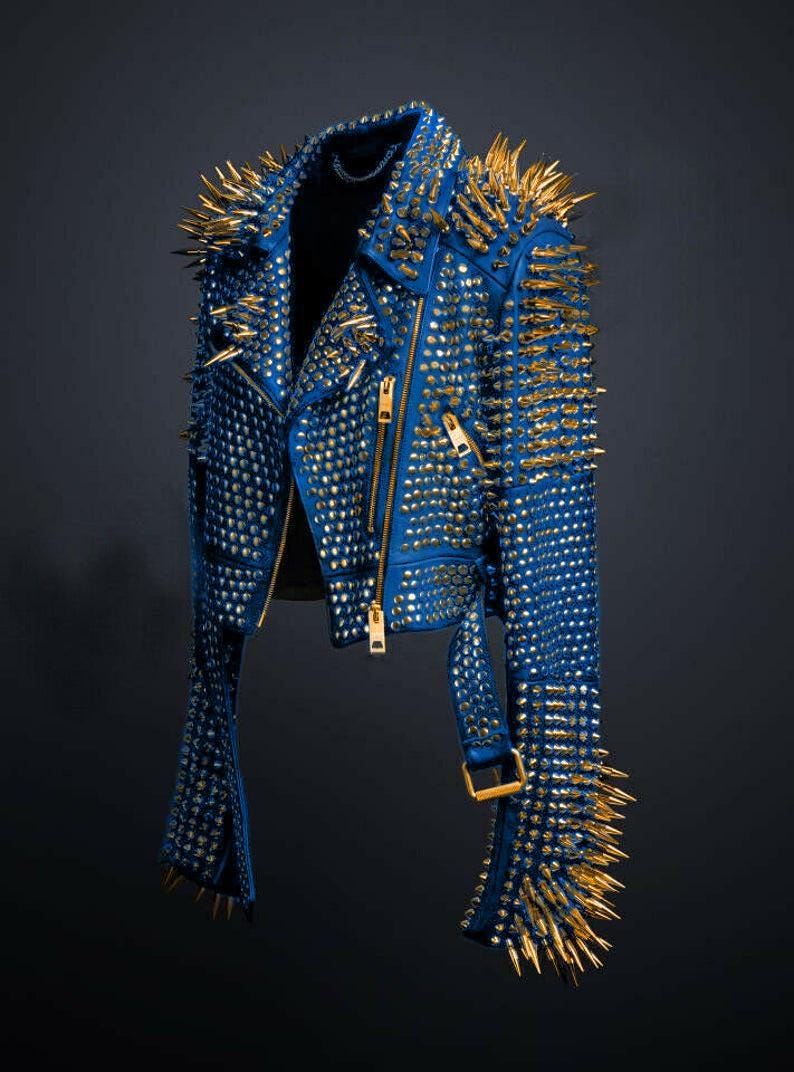 Inkstorm Blue Golden Spiked Brando Biker Jacket