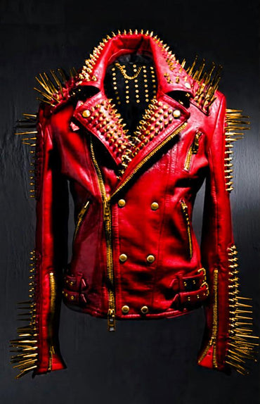 Red Leather Spiked Biker Jacket