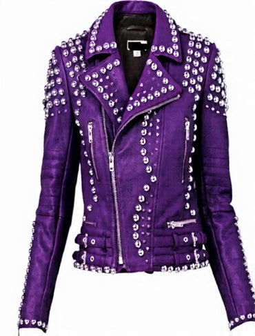 Women’s Violet Studded Brando Biker Leather Jacket