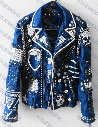 Men’s Electric Blue Punk Studded Brando Biker Jacket