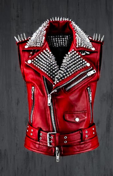 Crimson Spiked Sleeveless Biker Vest