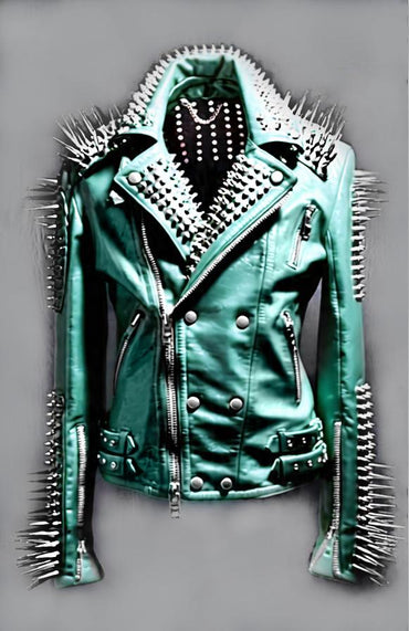 Forest Green Punk Studded Brando Biker Jacket