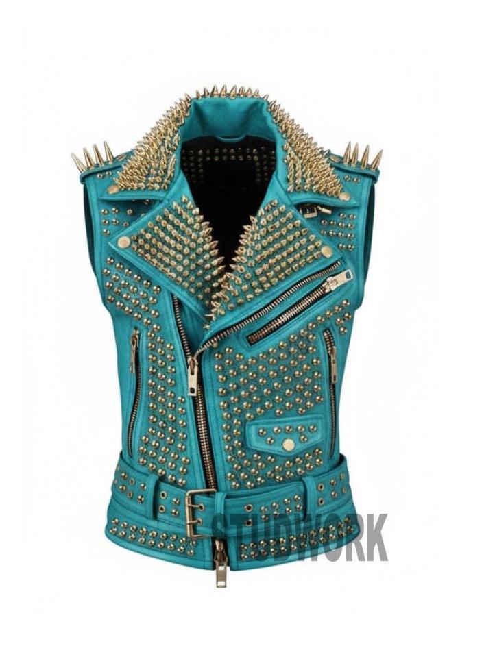 Gold Spikes and Studs Handmade Sleeveless Punk Vest