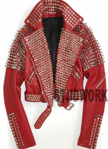 Red Cowhide Leather Biker Jacket