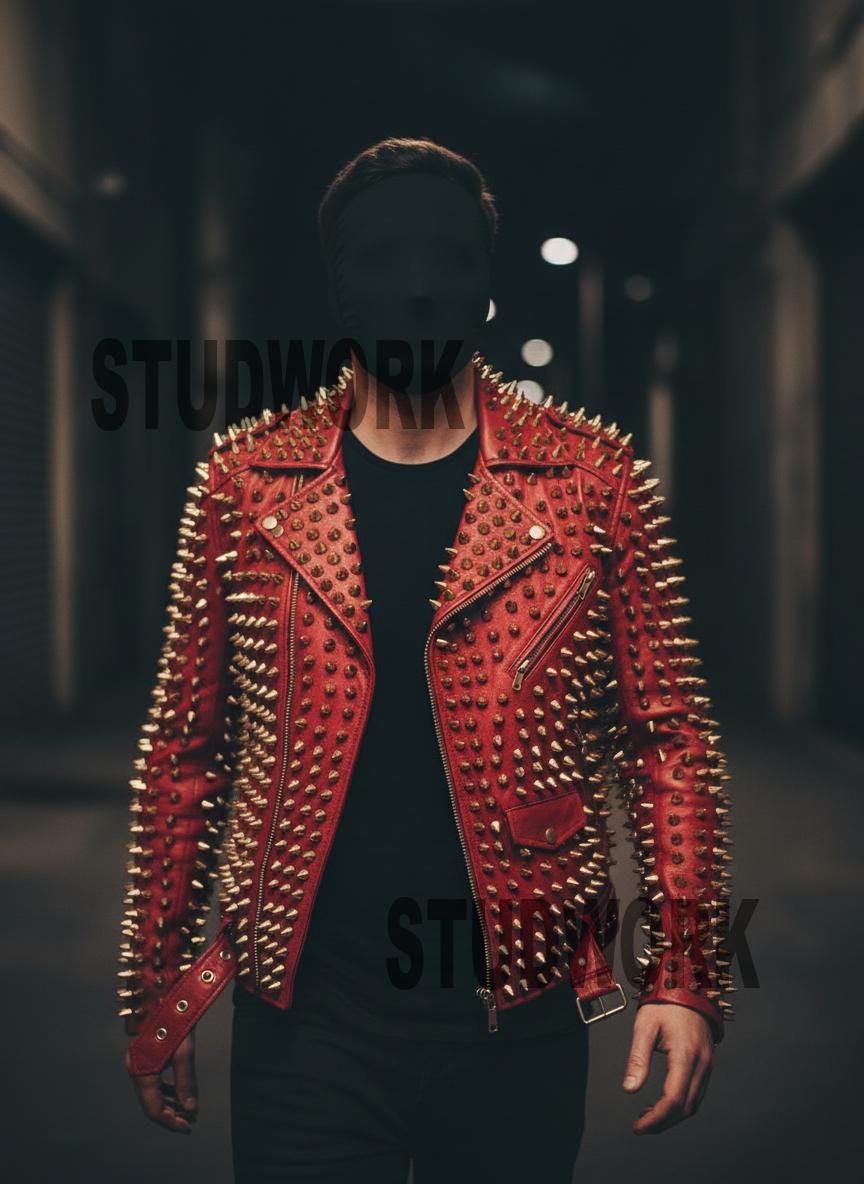 Scarlet Inferno Gold-Spiked Leather Jacket