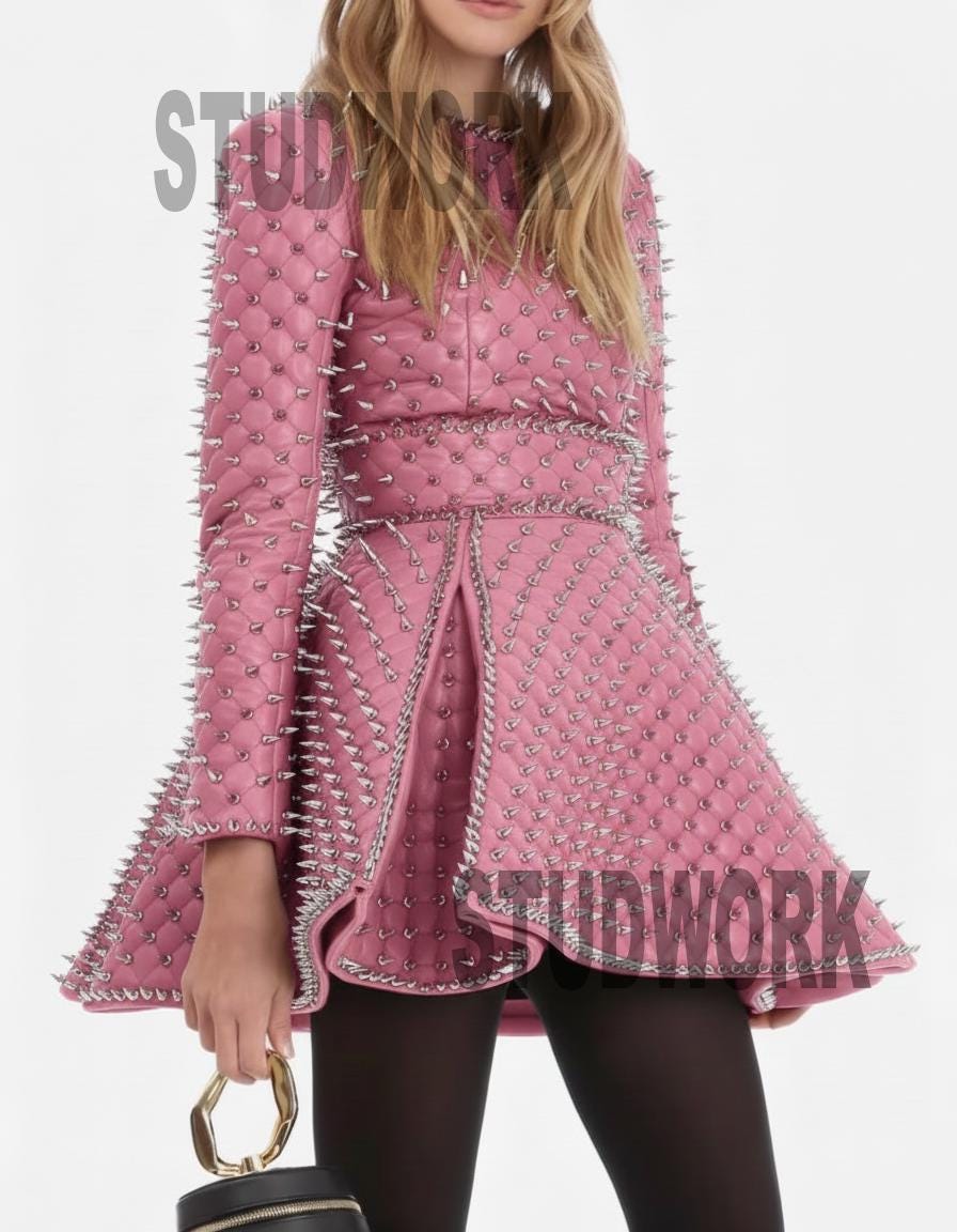 Tender Rage Spike Mesh Pink Leather Dress