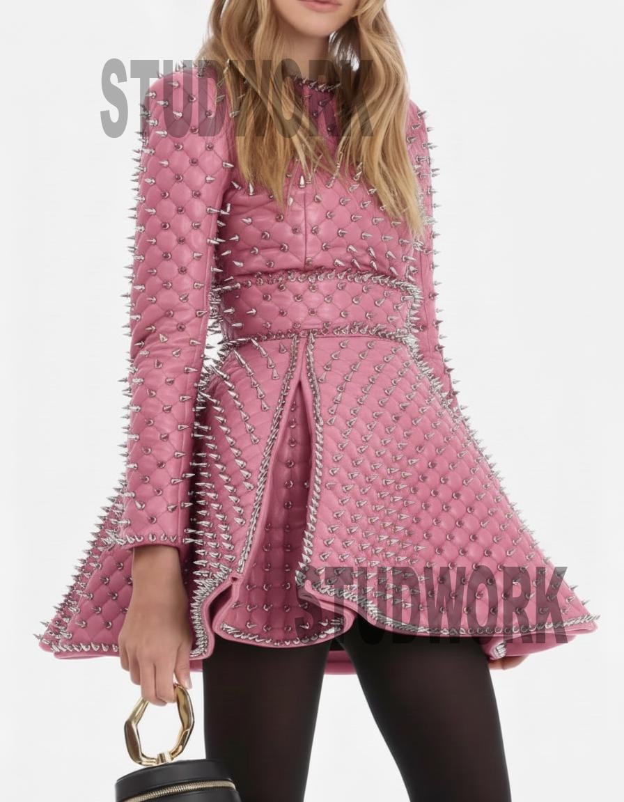 Tender Rage Spike Mesh Pink Leather Dress