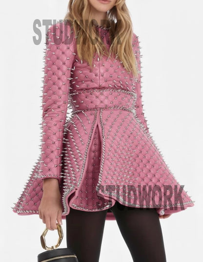 Tender Rage Spike Mesh Pink Leather Dress