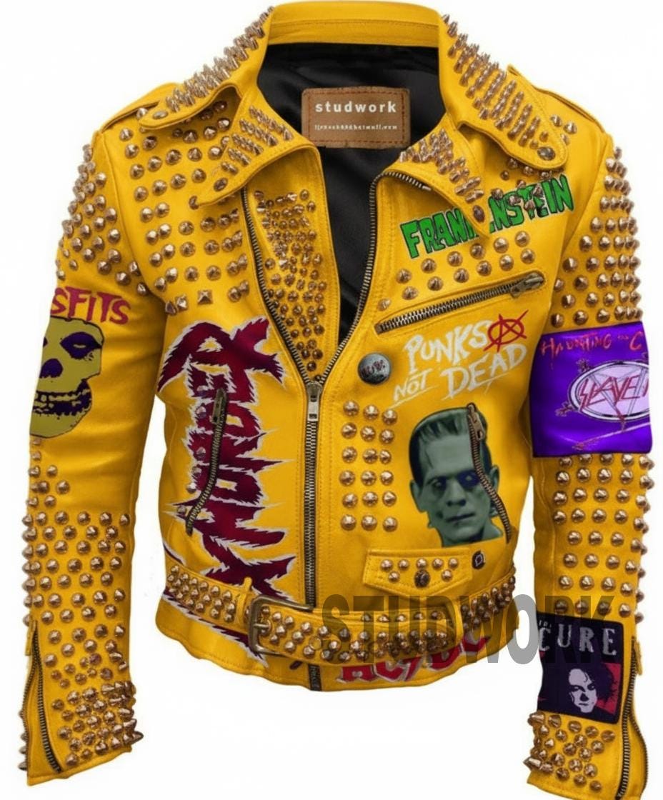 Yellow Cow Leather Men Punk Jacket