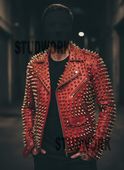 Scarlet Inferno Gold-Spiked Leather Jacket