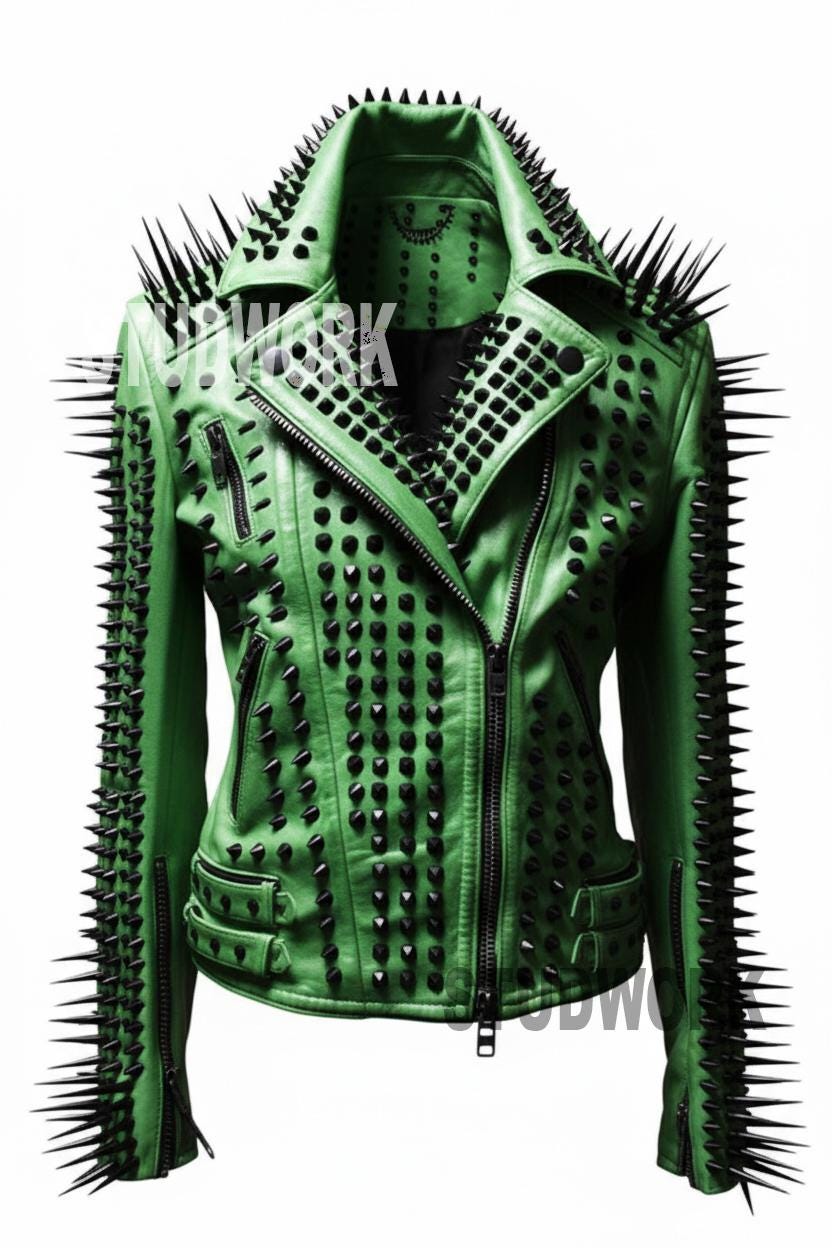 Emerald Havoc Black Spike Studded Leather Biker Jacket