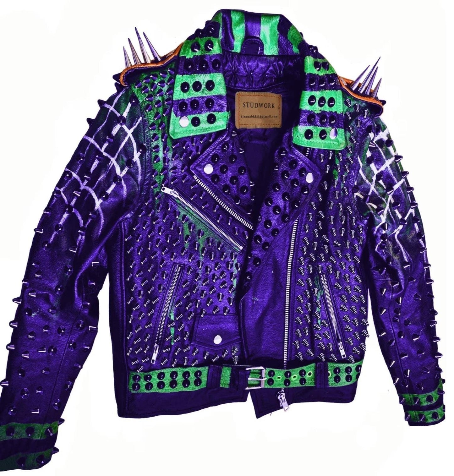 Purple Green Studded Leather Jacket
