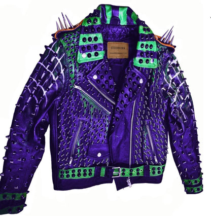 Purple Green Studded Leather Jacket