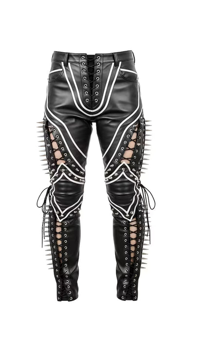 Gothic Punk Pants with Spikes, Mesh & Lace-Up Detailing