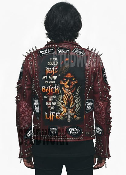 Red Ghost Gang Rider's Heavy Studs Calf Leather  Jacket