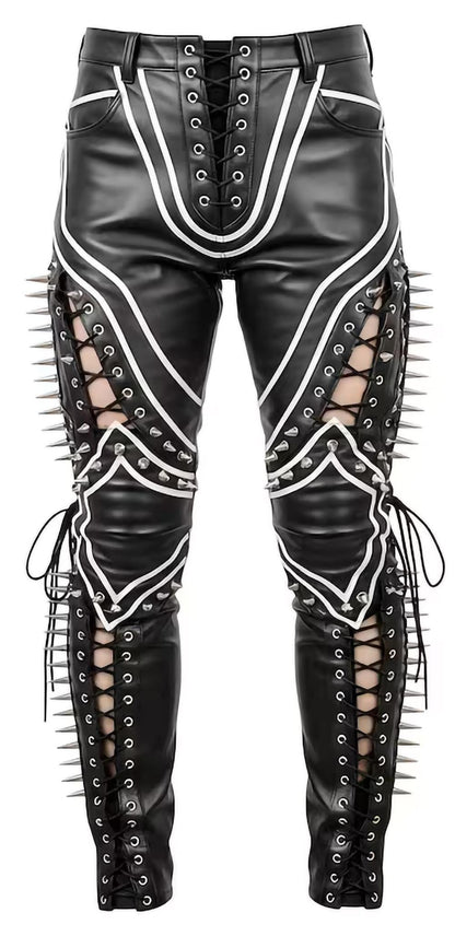 Gothic Punk Pants with Spikes, Mesh & Lace-Up Detailing